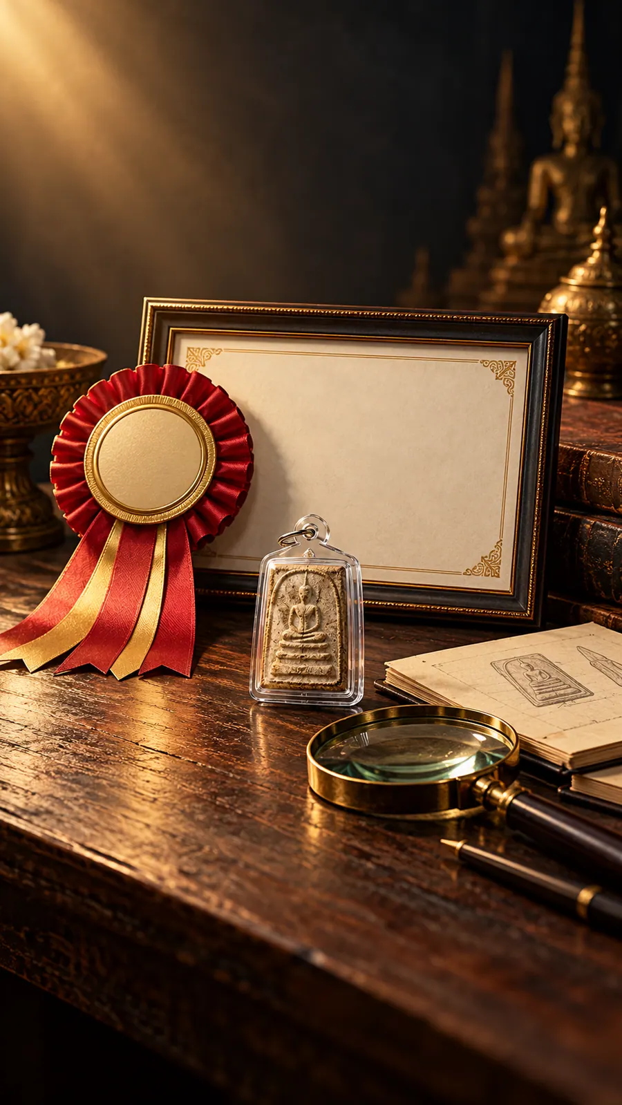 Original certificate illustration. Its certificate and amulet are fictional props, not evidence of an actual award or an authenticity specimen.