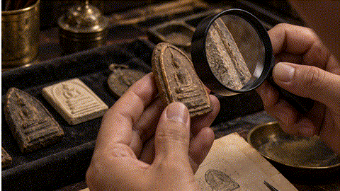 Votive tablets, pressed powders, cast images and coins can share one cabinet; classification must go beyond outline.