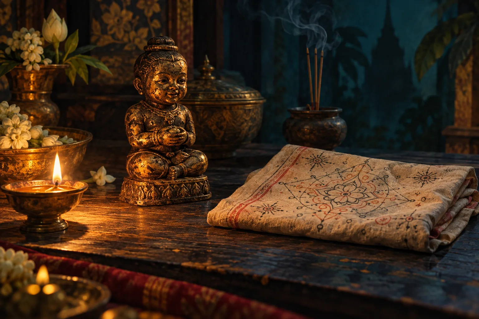 An original illustration evoking Kuman Thong and ritual cloth; not an actual object, ritual scene or image of a spirit.