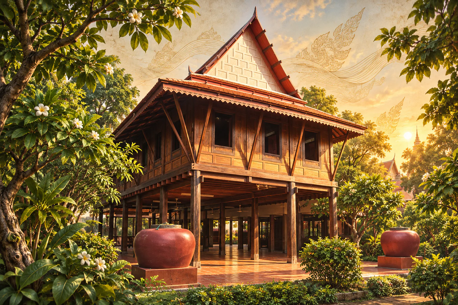 An editorial illustration based on the public-domain photograph of the reconstructed ‘House of Khun Chang’ at Wat Palelai, Suphanburi; it is not documentary evidence of Chang's historical home. Reference photograph by Chris Baker (Chrispasuk).