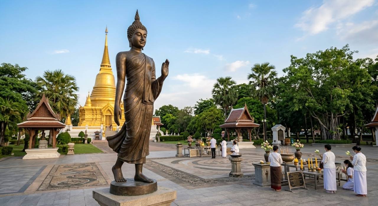 พระลีลาในบริเวณวัด แสดงจังหวะการก้าวอย่างสงบผ่านพระบาทที่ยก แนวพระเอว และพระหัตถ์