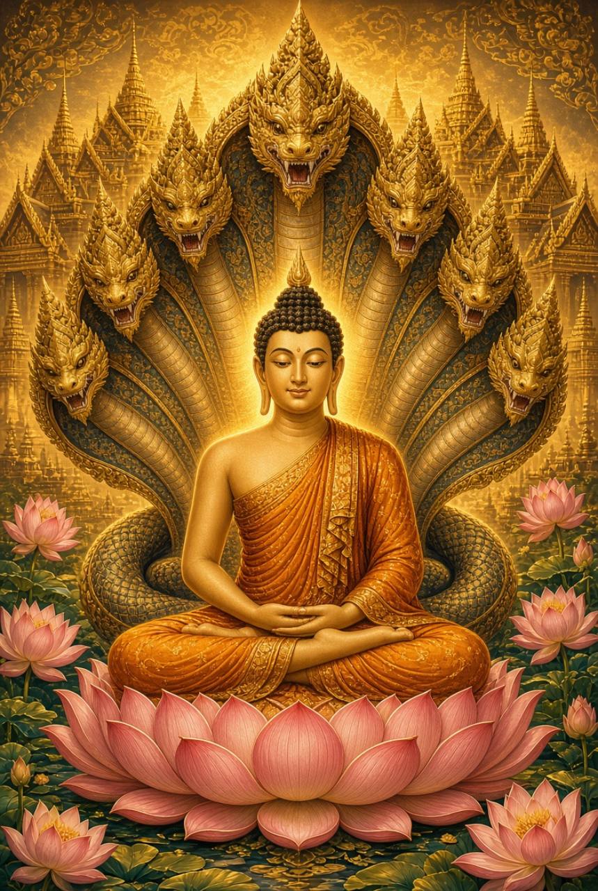 Buddha sheltered by the naga: Mucalinda and the heads that need not number seven