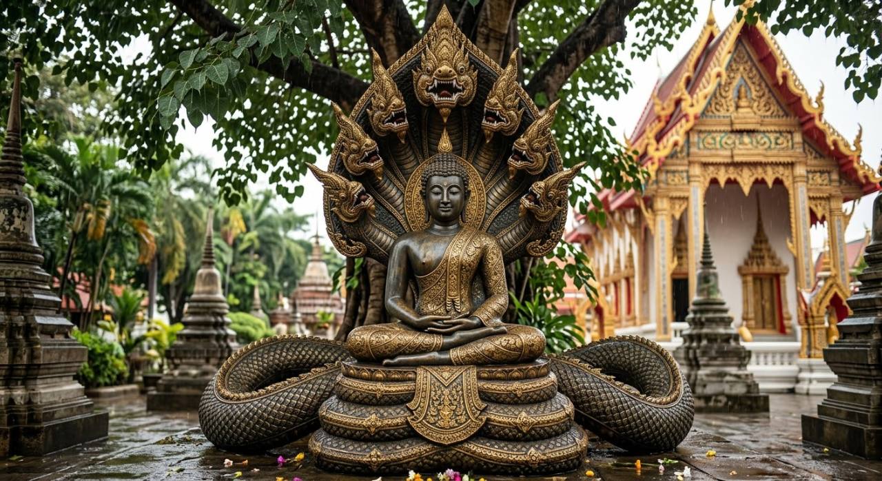 พระนาคปรกในบริเวณวัด พญานาคขดกายรองรับและแผ่พังพานหลายเศียรคุ้มครอง ขณะที่พระพุทธองค์ยังทรงดำรงในสมาธิอันไม่หวั่นไหว