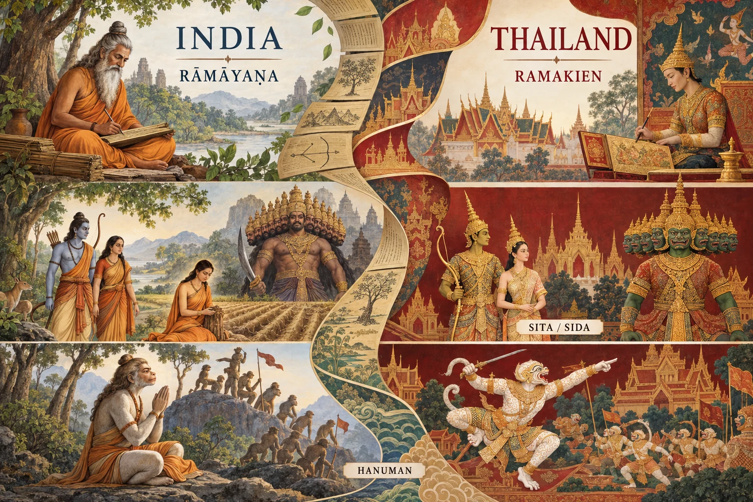 A visual comparison: the Sanskrit epic, forest exile and devotional Hanuman of Indian Ramayana traditions become Thai court literature, temple murals and khon performance. Familiar names remain, while biographies, character and theatrical emphasis can change. This guide does not imply that either India or Thailand has only one version.
